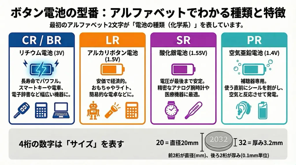ボタン電池の型番（アルファベットでわかる電池の種類と特徴）
最初のアルファベット2文字が『電池の種類（科学的材料）』を示している